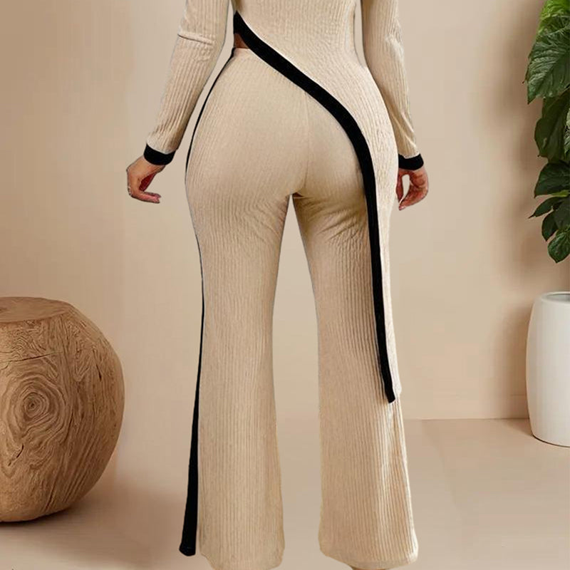 Shop Women's Elegant Round-neck Two-piece Long-sleeved Pants With Decorative Edges For Spring & Fall
