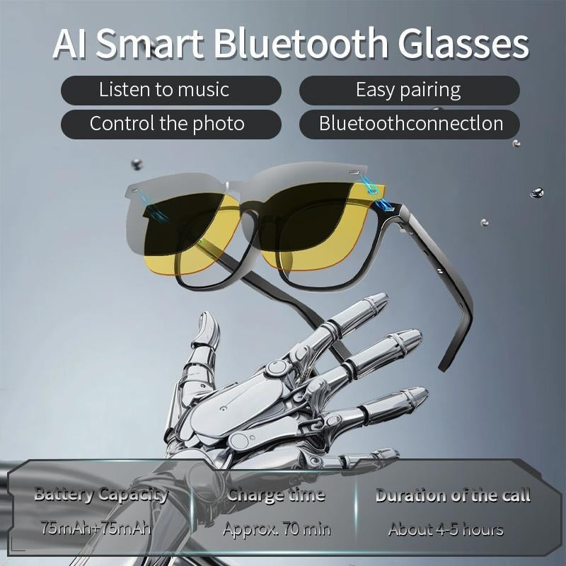 Shop Smart AI Bluetooth Glasses With Magnetic Interchangeable Lenses- UV&Blue Light&Night Vision, Open Ear Speakers, Touch Control, 8H Battery