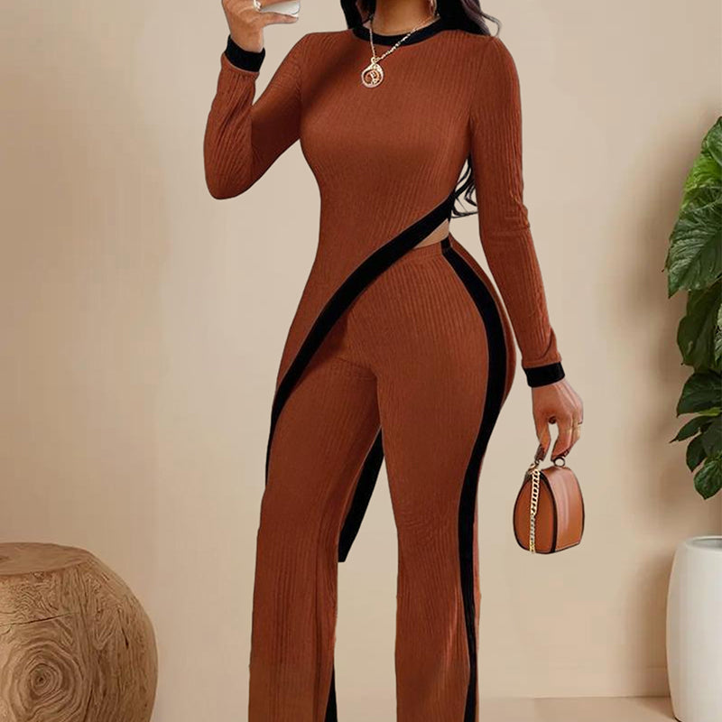 Shop Women's Elegant Round-neck Two-piece Long-sleeved Pants With Decorative Edges For Spring & Fall