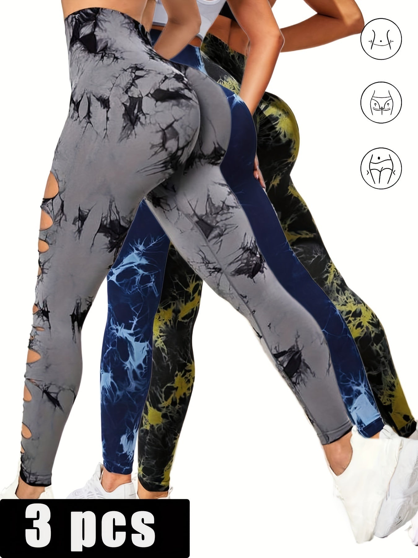 Shop 3 Pack Women's Tie Dye Cutout Skinny Leggings High Waist