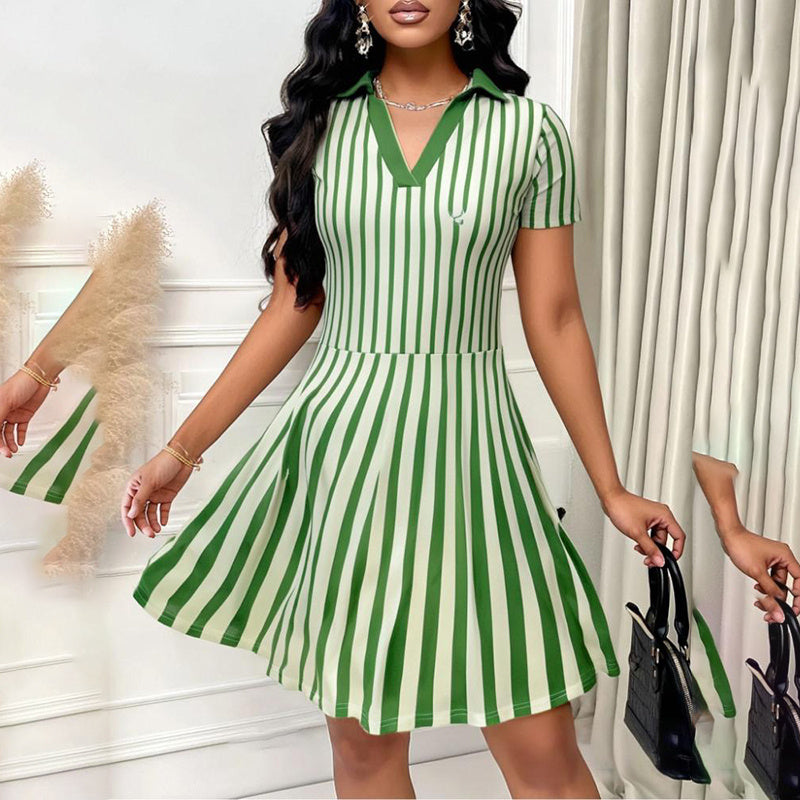 Shop Women's Polo Dress Elegant Striped V Neck Short Sleeve A Line Dresses