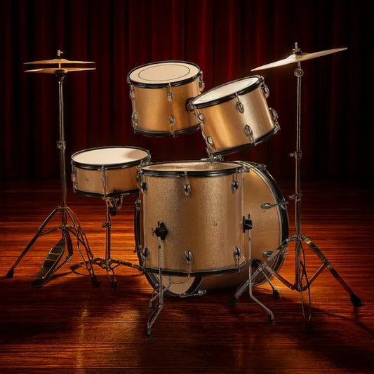Full Size Adult Drum Set 5-Piece Champagne With Bass Drum, Two Tom Drum, Snare Drum, Floor Tom, Stool, Drum Pedal, Sticks