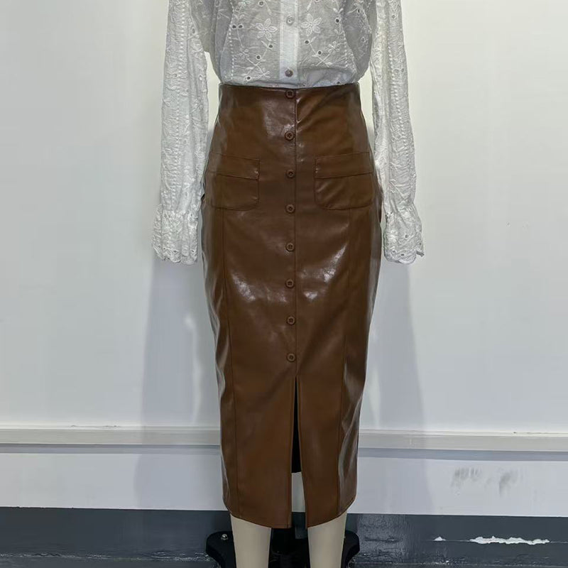 Shop Women's Faux Leather Bodycon Skirt - High Waisted Slim Fit Midi Skirt With Front Slit & Button Decor