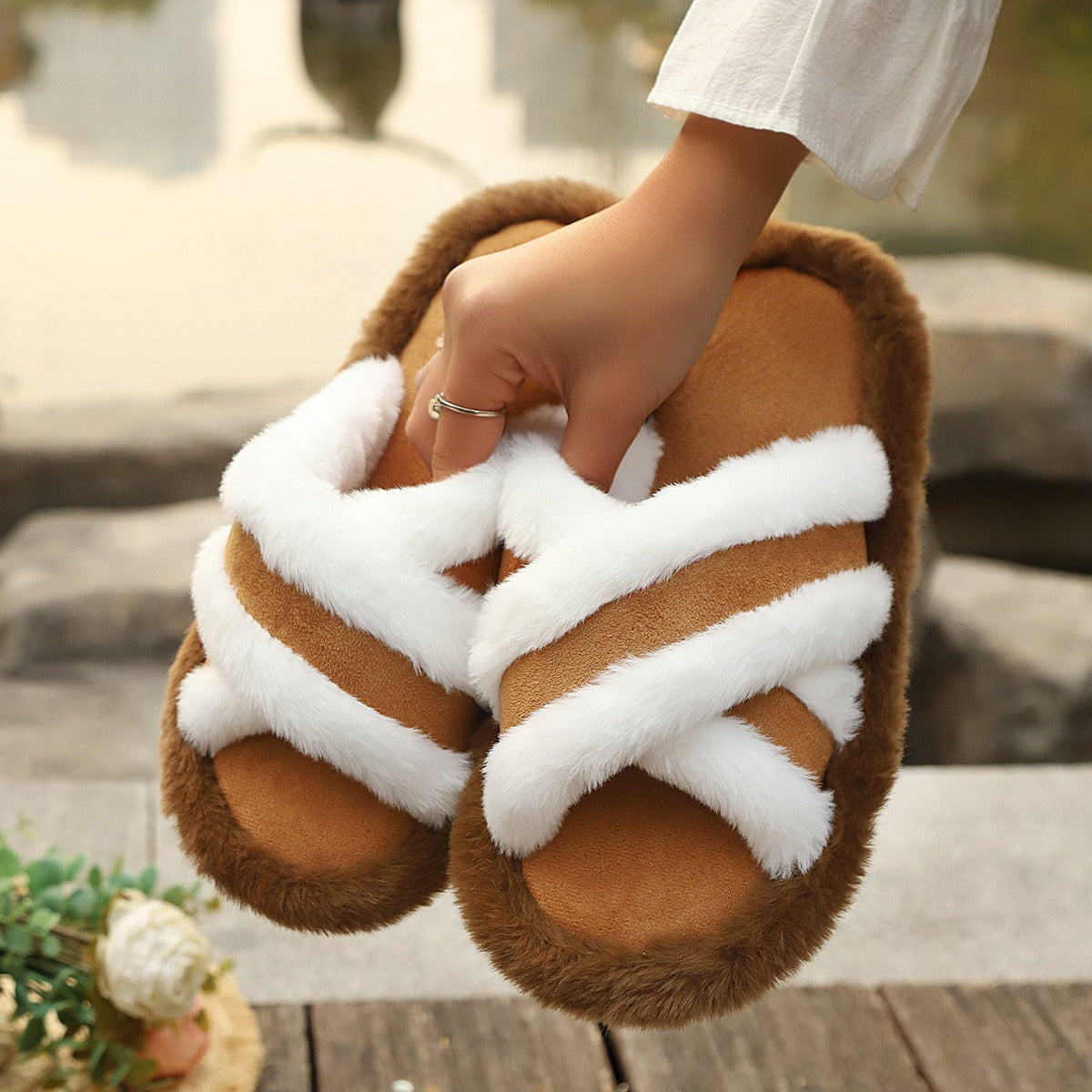 Shop Fluffy Slippers Cross Strap Stitching Warm Casual Platform Slippers