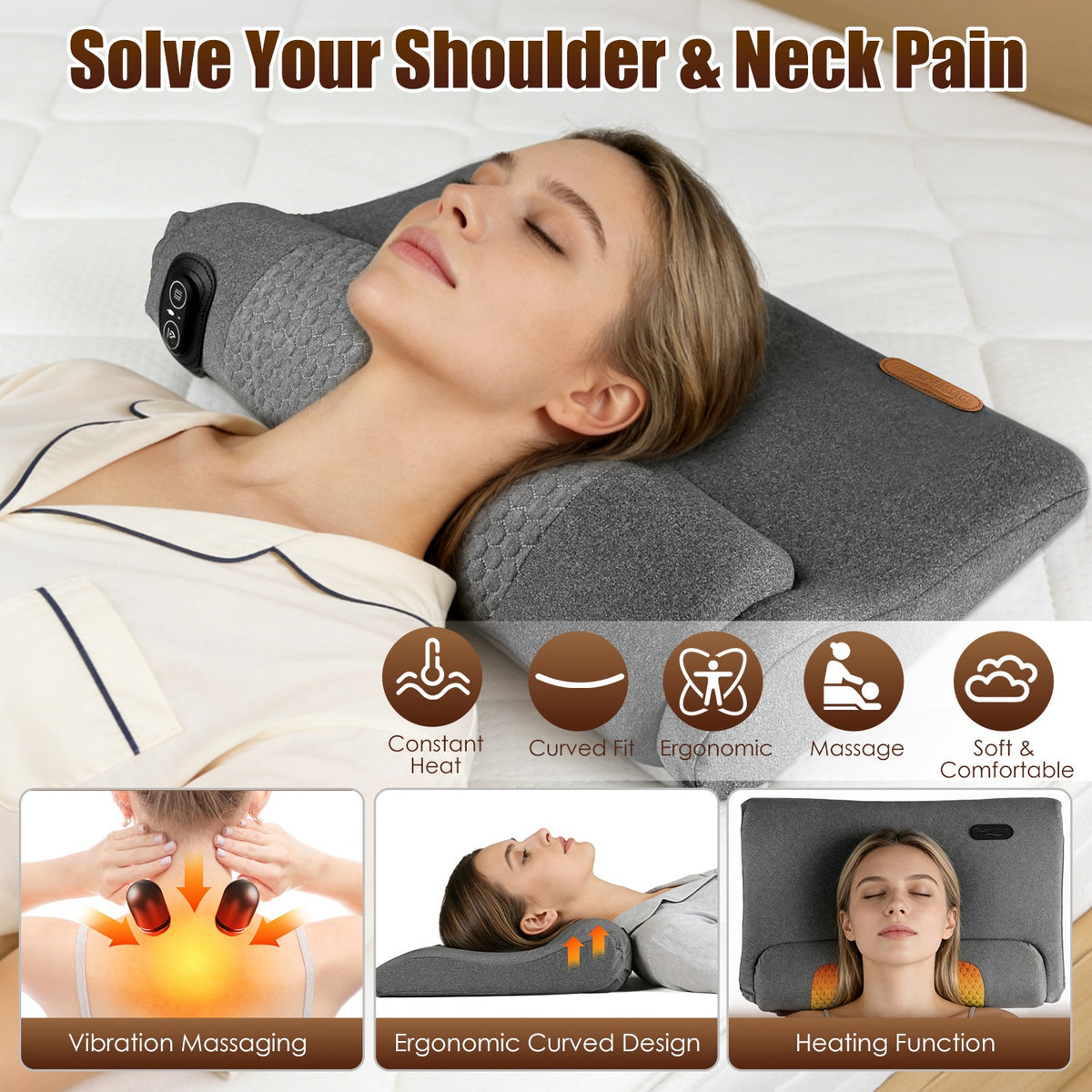 Shop Neck Massager Pillow Ergonomic Massager Memory Foam Pillow With 3 Level Heating 3 Intensity Vibration 30 Min Timer For Neck Back Shoulder Pain Relief