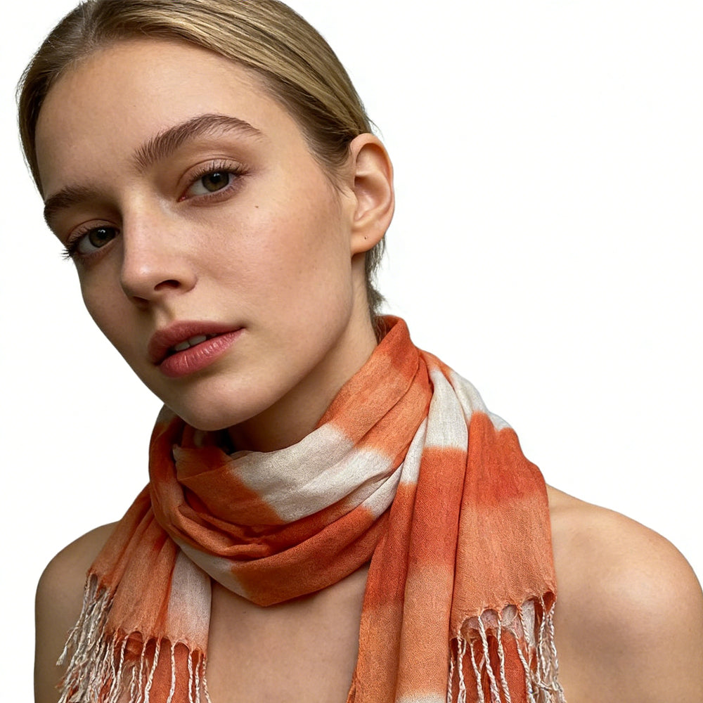 Shop 2pcs Coral Toned Abstract,Flowy Casual Scarf ,Orange Red Printed,Fringed Edges Women & Men