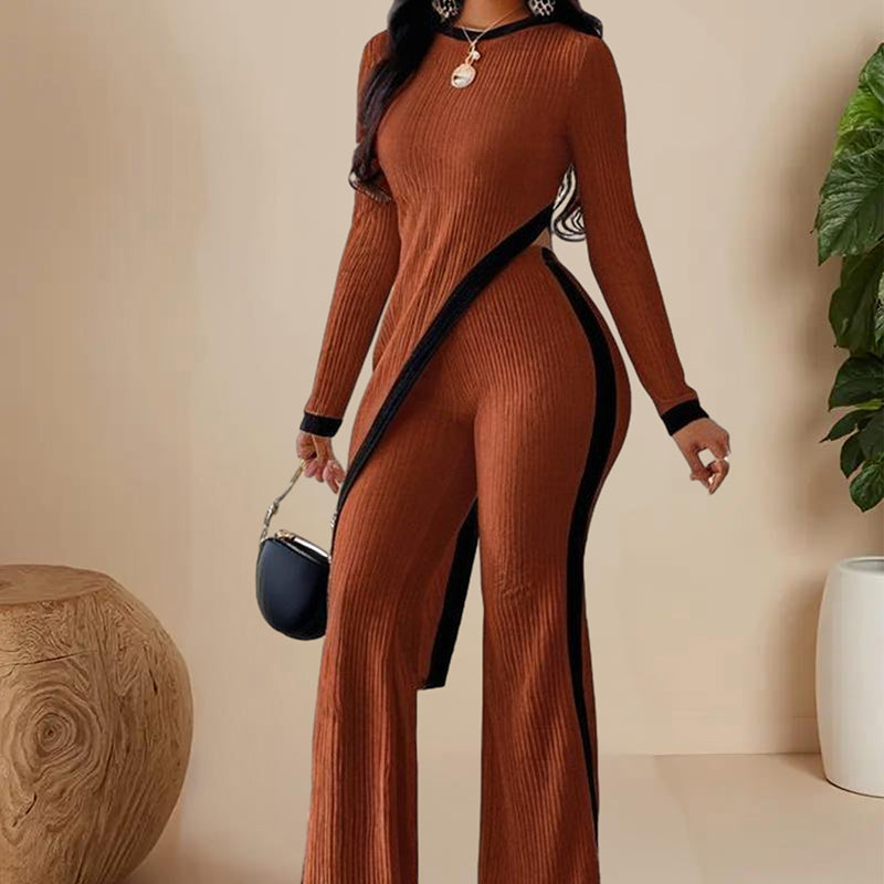Shop Women's Elegant Round-neck Two-piece Long-sleeved Pants With Decorative Edges For Spring & Fall