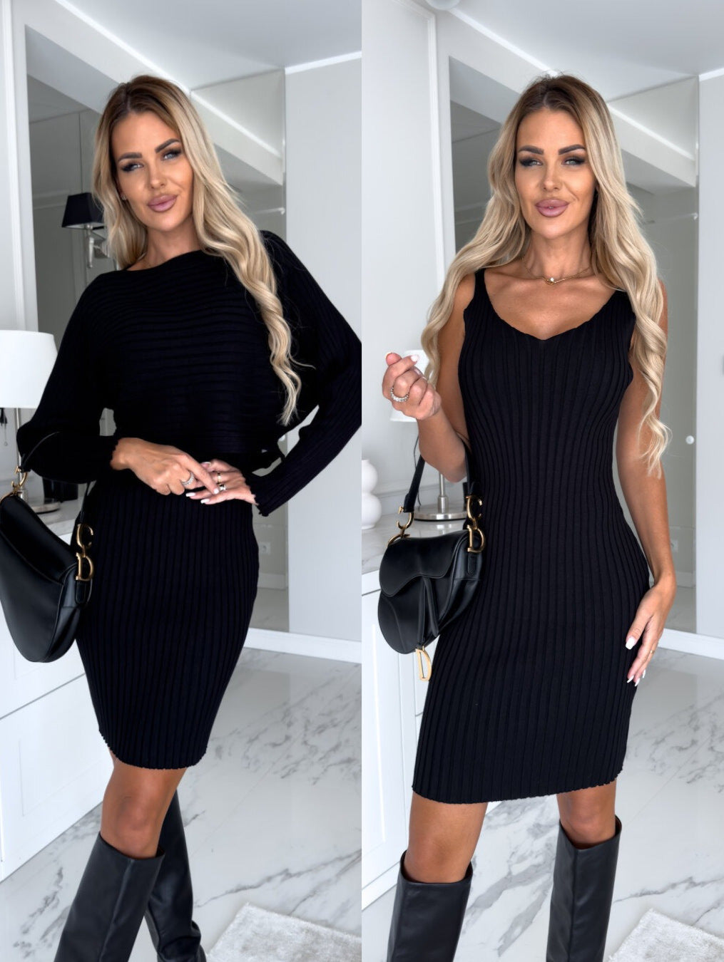 Shop 2pcs Suit Women's Solid Stripe Long-sleeved Top And Tight Suspender Skirt