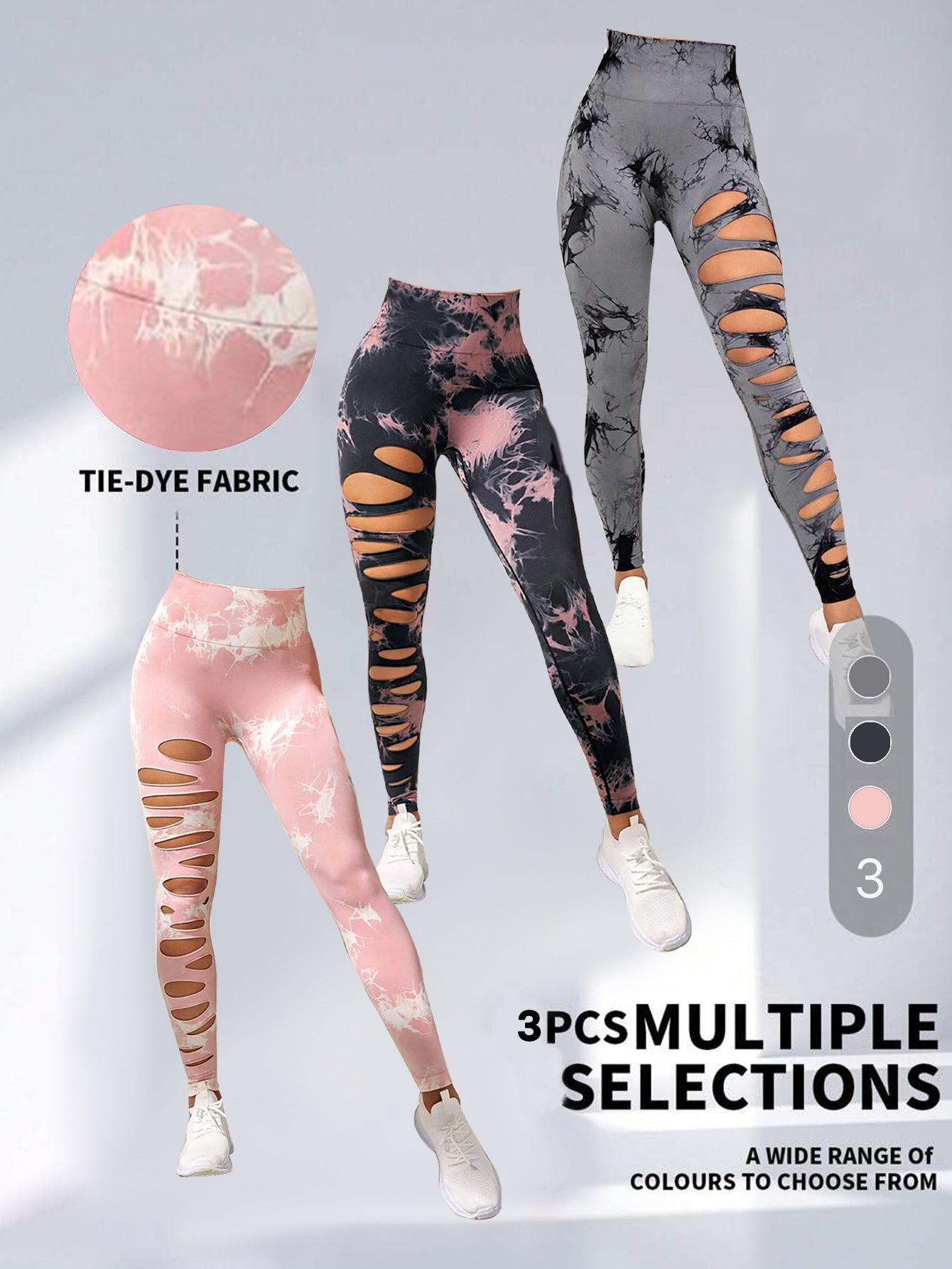 Shop 3 Pack Women's Tie Dye Cutout Skinny Leggings High Waist