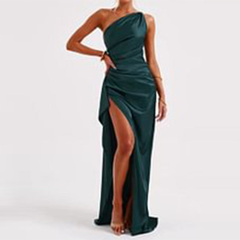 Shop One-shoulder Backless Satin Slit Dress