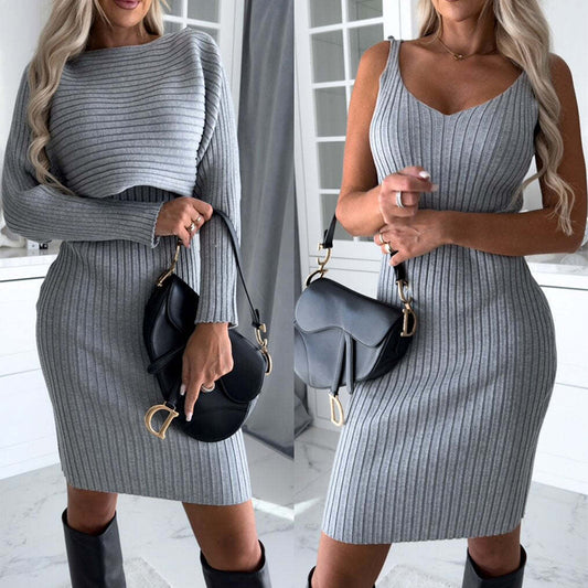Shop 2pcs Suit Women's Solid Stripe Long-sleeved Top And Tight Suspender Skirt