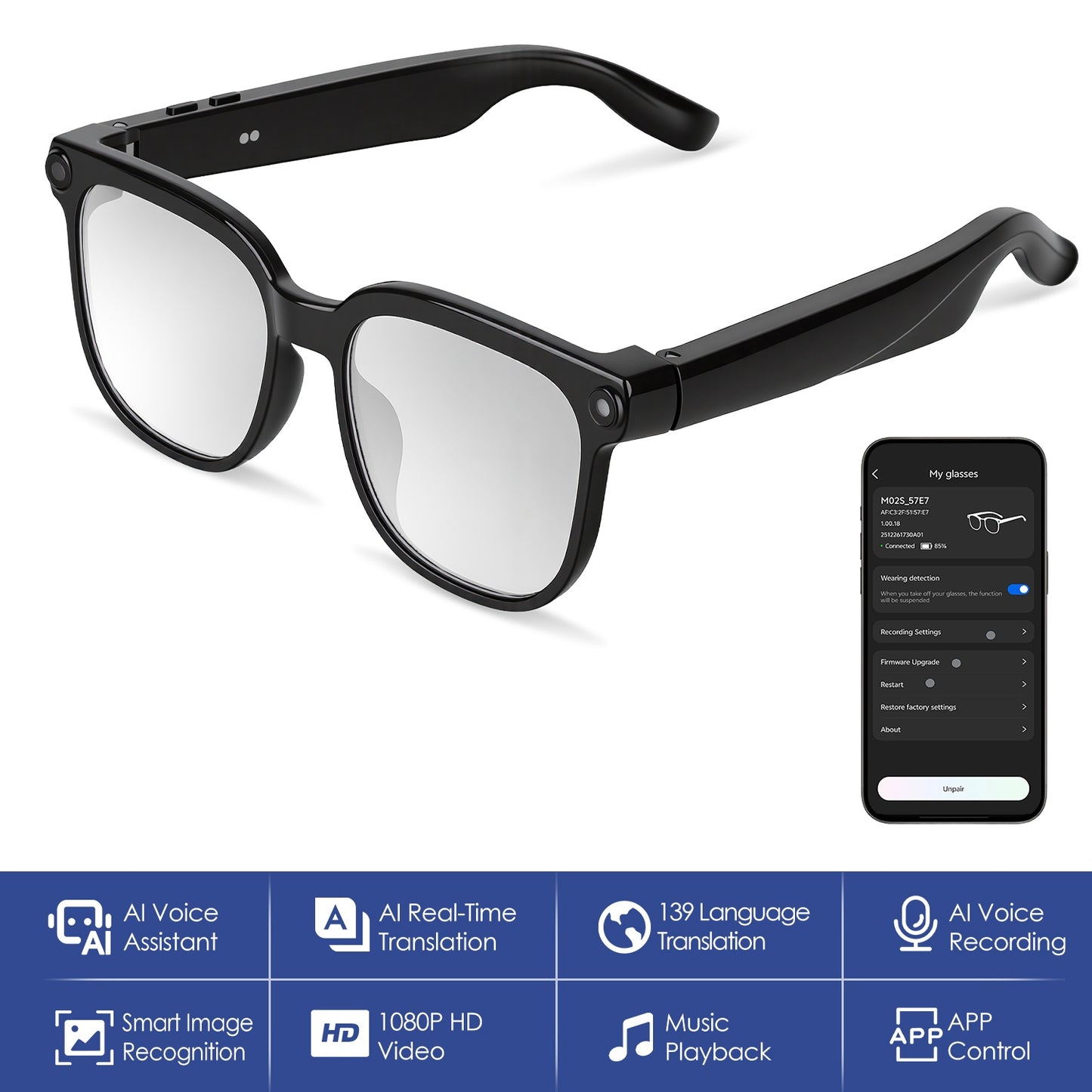 Shop 1Pc AI Smart Glasses With Camera And Audio 8MP HD1080P Real Time Translation 139 Languages Voice Assistant AI Photo Recognition Music Playback & Hands-Free Calling For Travel Meeting Vlog