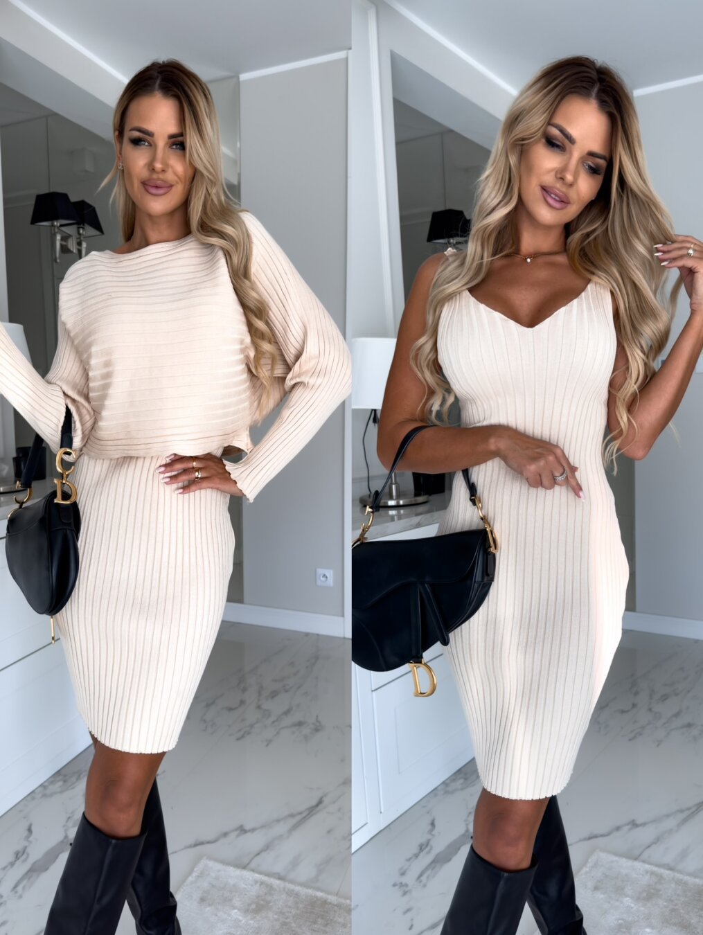 Shop 2pcs Suit Women's Solid Stripe Long-sleeved Top And Tight Suspender Skirt