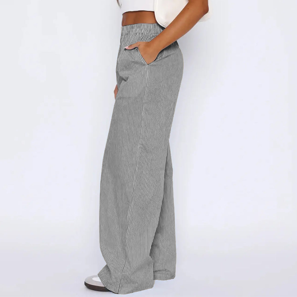 Shop Striped Trousers With Pockets Casual Wide Leg Straight Pants For Women