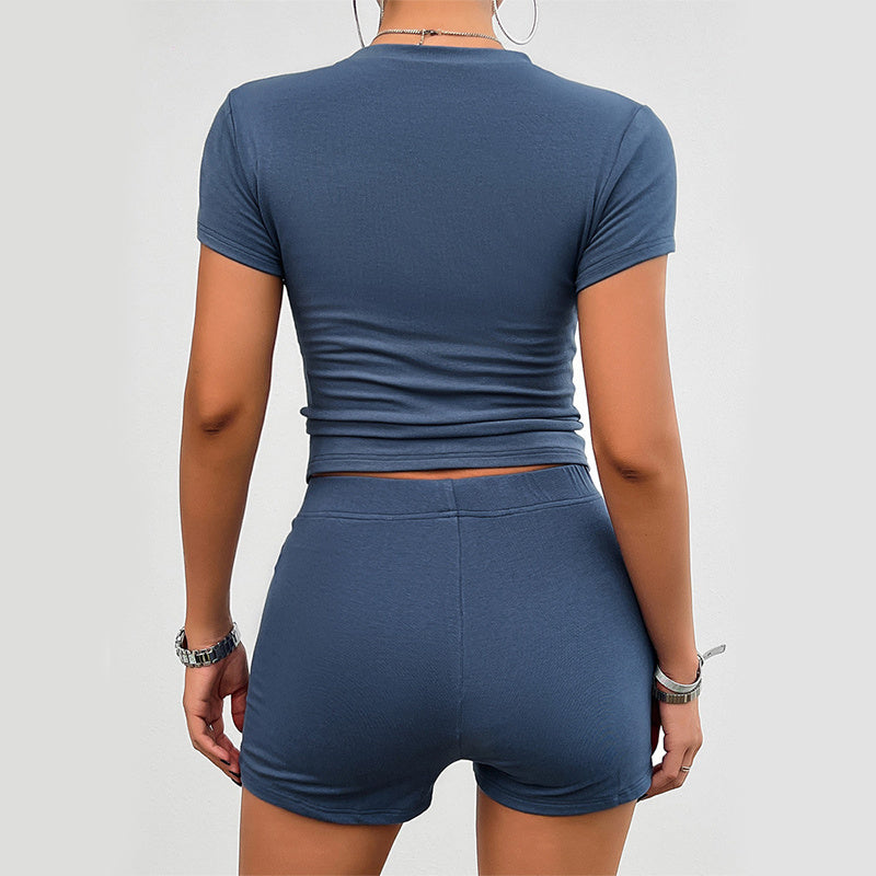 Shop Solid Color Slim Sports Suit 2Pcs Short-sleeved Round Neck T-shirt And Elastic Shorts Fashion Womens Clothing