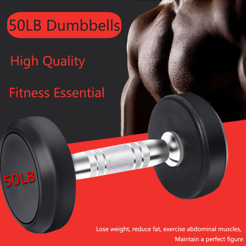 50LB Dumbbells In The Round Rubber For Strength Training Weight Loss